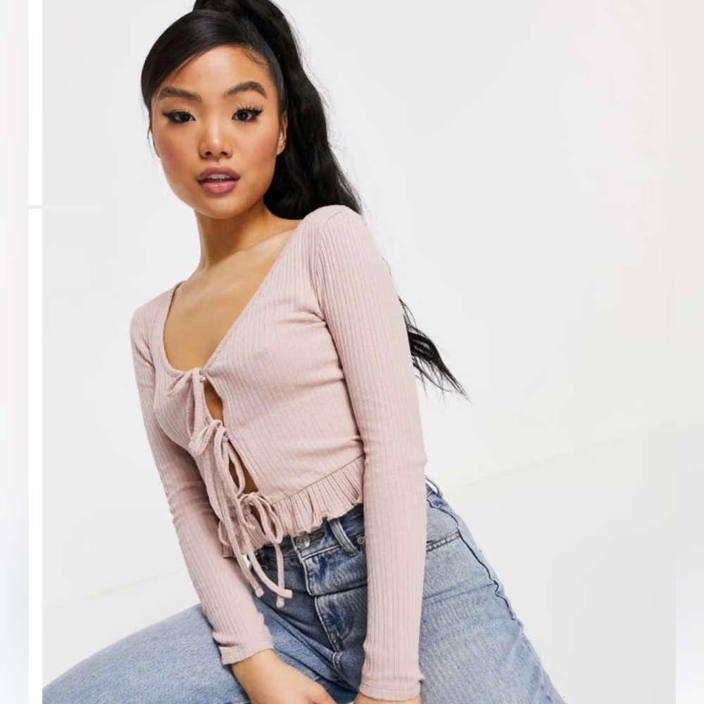 Topshop pink petite ribbed, tie-front long sleeve shirt size 0